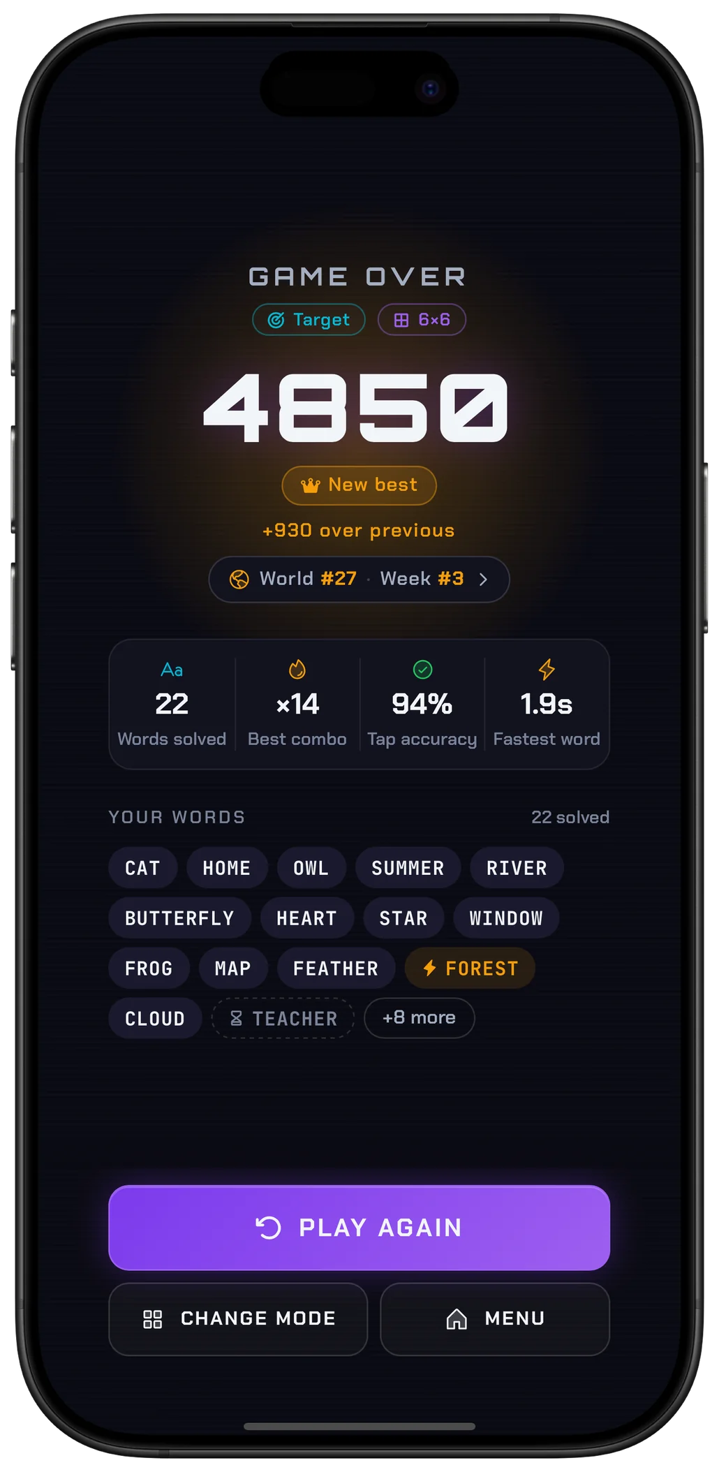 Word Rush: score after a run