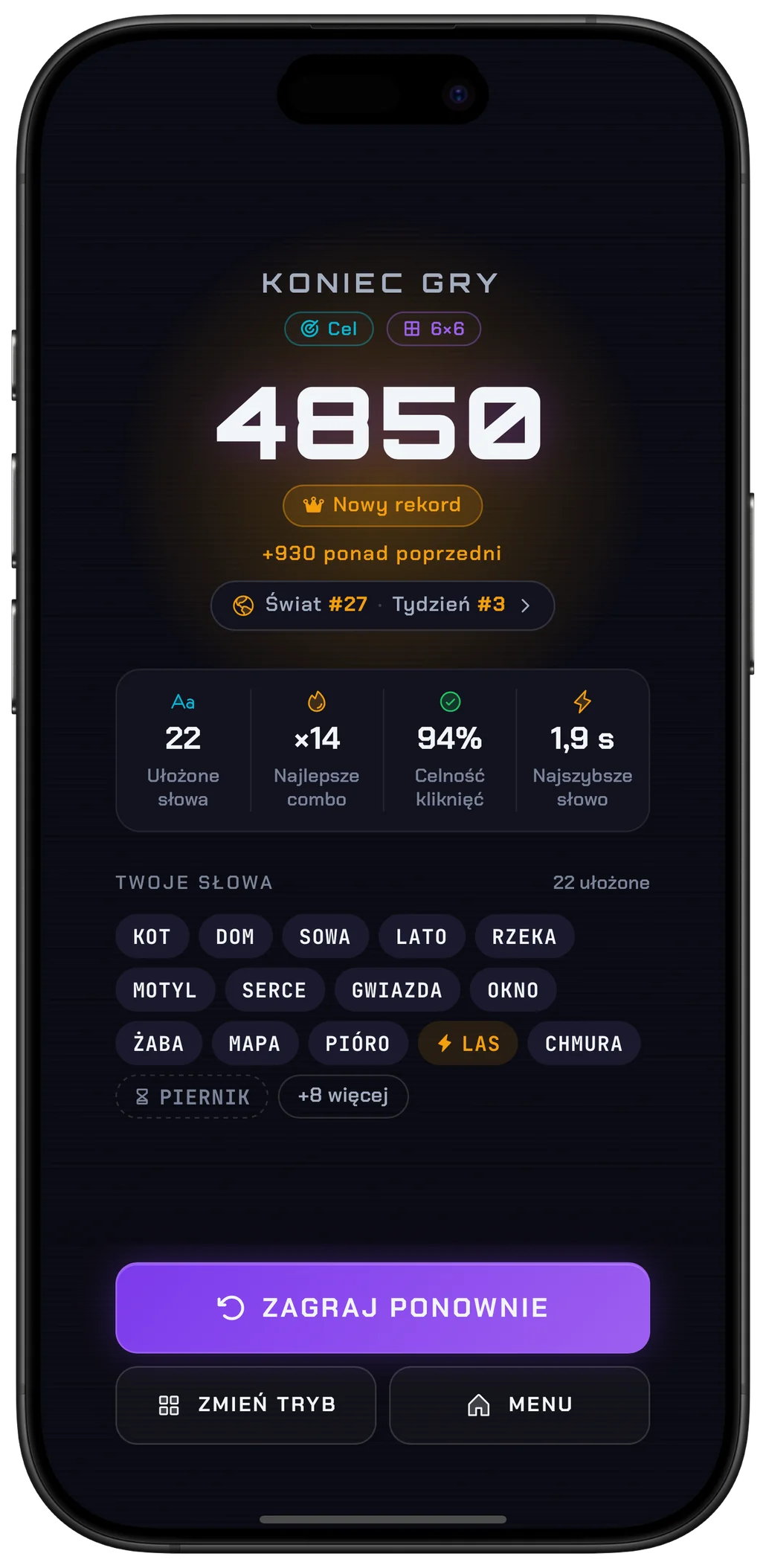 Word Rush: wynik po rundzie